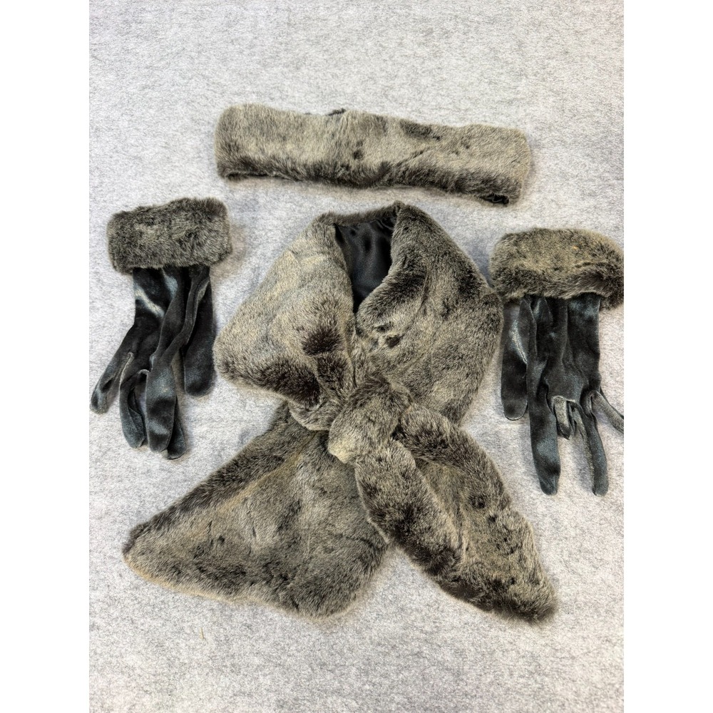 Women Grey Faux Fur Scarf Headband and Gloves 3-Piece Winter Accessory Set O/S
